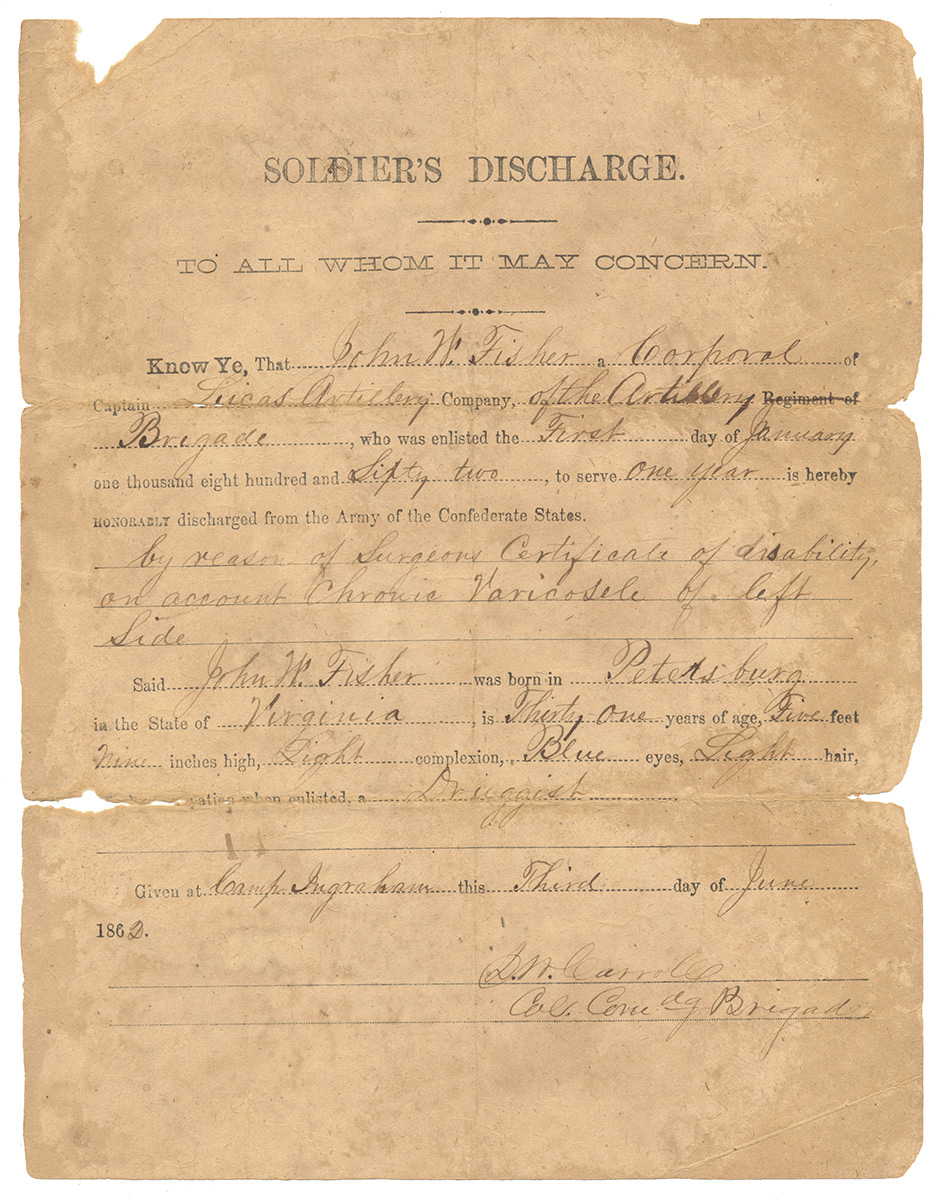 CONFEDERATE SOLDIER'S DISCHARGE — JOHN W. FISHER, LUCAS' ARTILLERY COMPANY