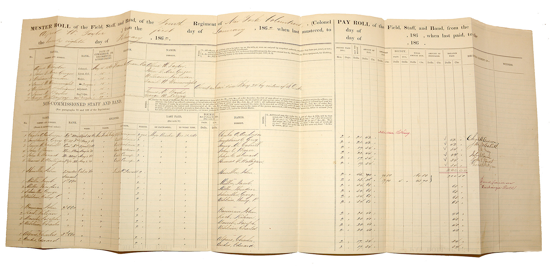 CIVIL WAR MUSTER ROLL — 4TH NEW YORK VOLUNTEER INFANTRY, FIELD, STAFF, AND BAND, 1862