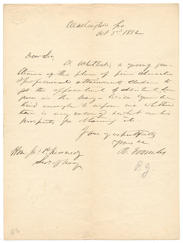ROBERT TOOMBS AUTOGRAPH LETTER SIGNED TO SECRETARY OF THE NAVY JOHN P. KENNEDY — A NAVAL SURGEON'S APPOINTMENT, WASHINGTON, GEORGIA, 1852
