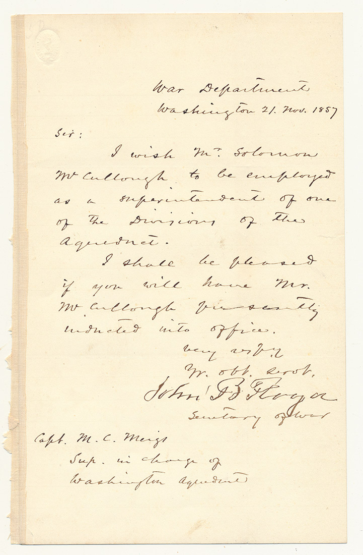 1857 LETTER FROM JOHN B. FLOYD (SECRETARY OF WAR UNDER PRESIDENT BUCHANAN, LATER CS BRIGADIER GENERAL) TO CAPT. MONTGOMERY MEIGS, SUPERINTENDENT OF WASHINGTON AQUADUCT