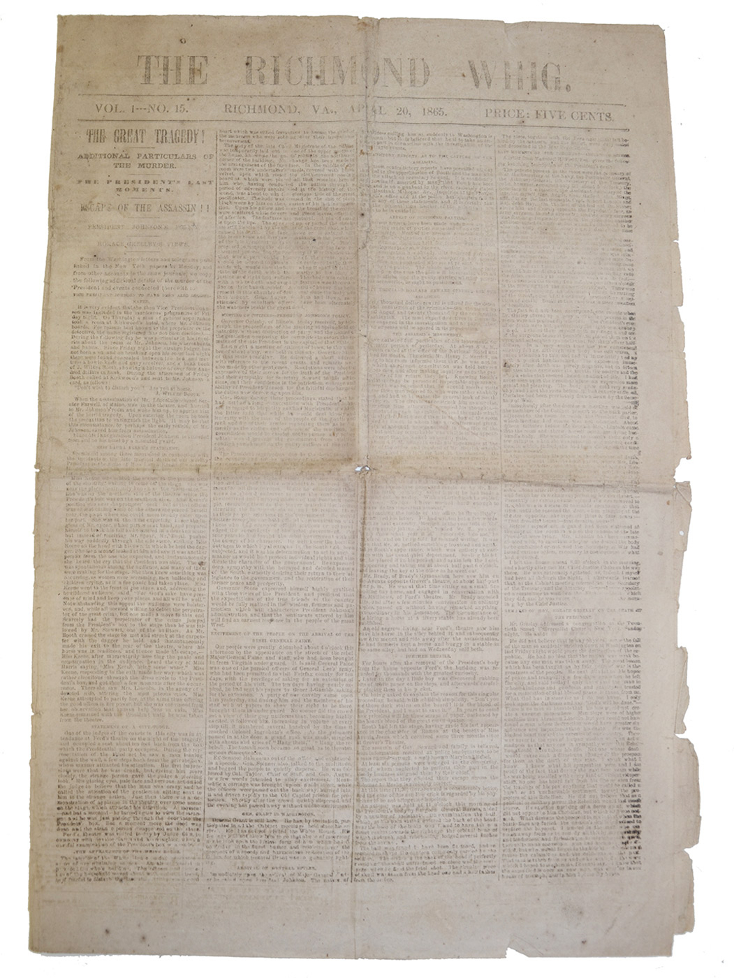 RICHMOND WHIG NEWSPAPER, DATED APRIL 20, 1865 – LINCOLN ASSASSINATION