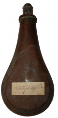 SHEFFIELD POWDER FLASK WITH GETTYSBURG TAG – FROM YORK SPRINGS GAR POST 