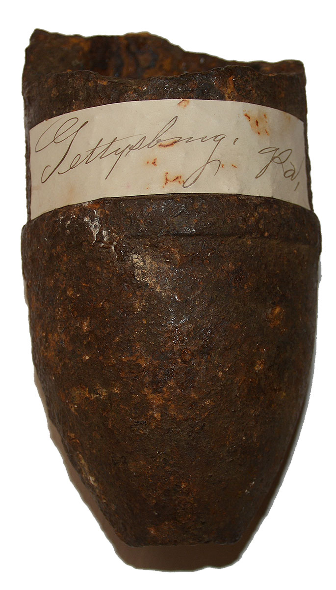 NOSE FRAGMENT OF CONFEDERATE READ ARTILLERY SHELL WITH GETTYSBURG TAG – FROM YORK SPRINGS GAR POST