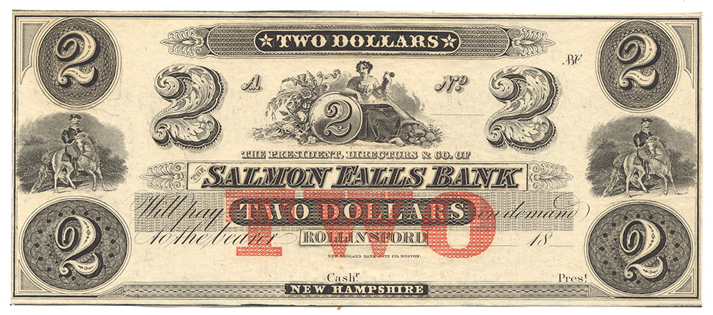 UNCIRCULATED $2 NOTE FROM SALMON FALLS BANK, ROLLINSBORO, NEW HAMPSHIRE