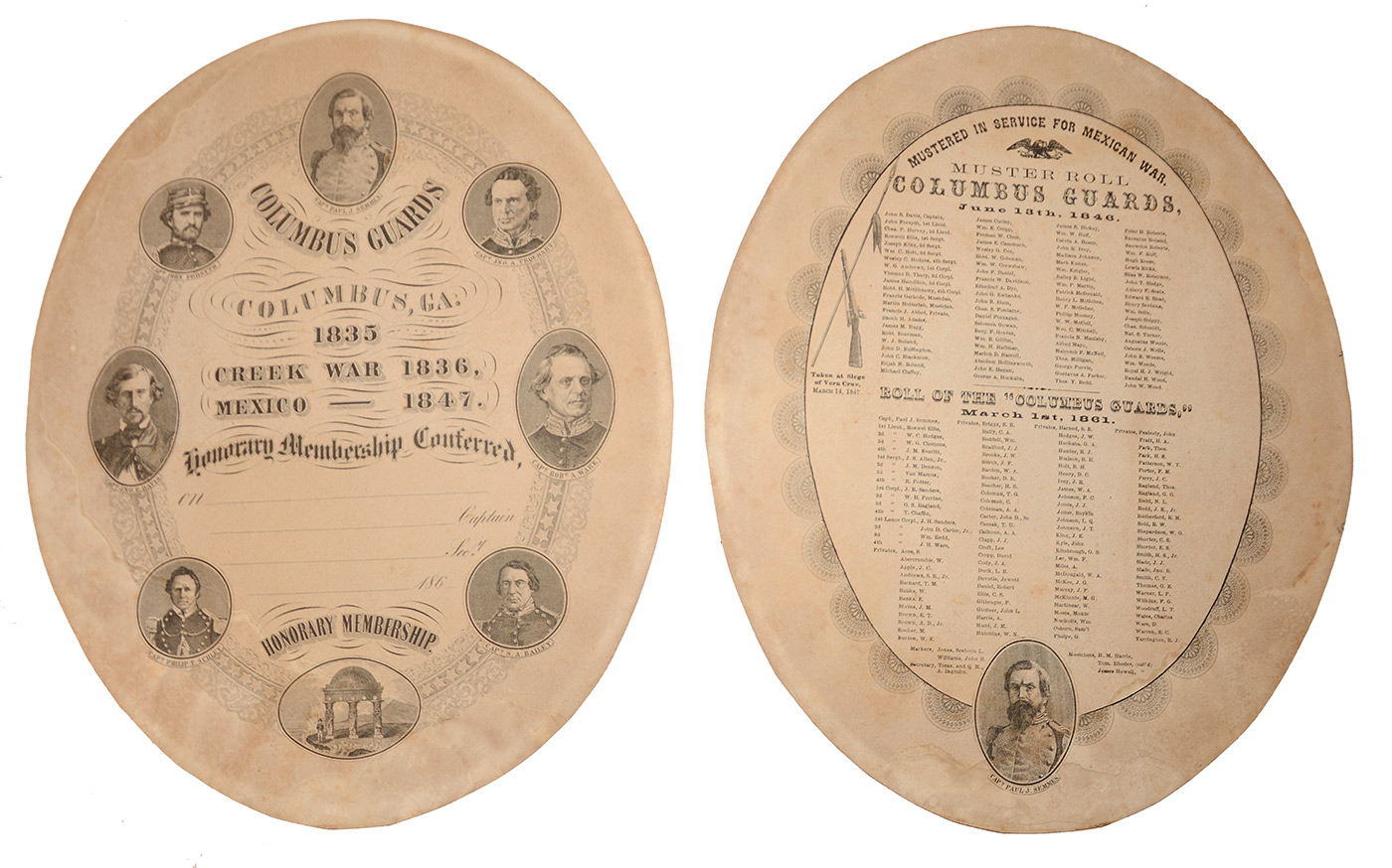 COLUMBUS GUARDS (COLUMBUS, GA.) PRINTED HONORARY MEMBERSHIP CERTIFICATE WITH 1846 AND 1861 MUSTER ROLLS