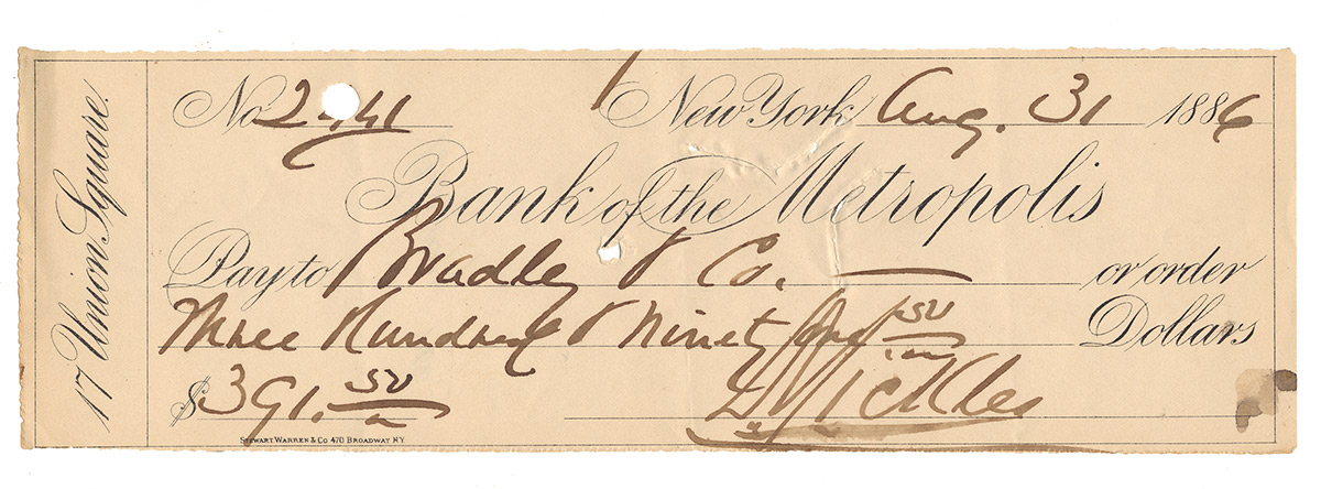 BANK CHECK SIGNED BY MAJ. GEN. DANIEL E. SICKLES — BANK OF THE METROPOLIS, NEW YORK, AUGUST 31, 1886