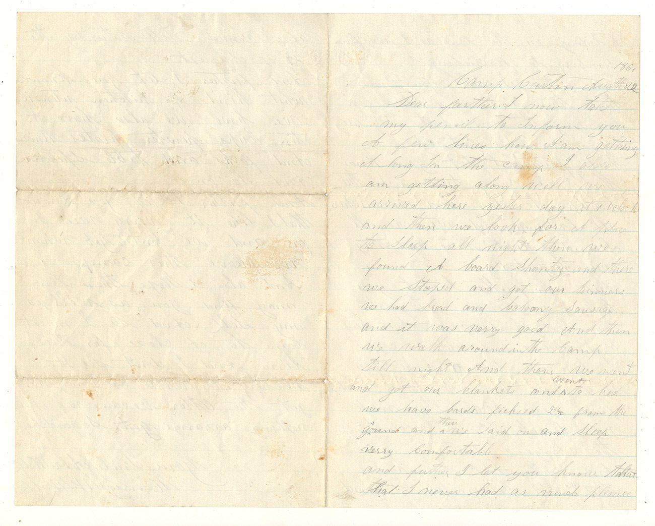 CIVIL WAR SOLDIER'S LETTER — CAMP CURTIN, AUGUST 22, 1861 — WRITTEN THE DAY OF ENLISTMENT