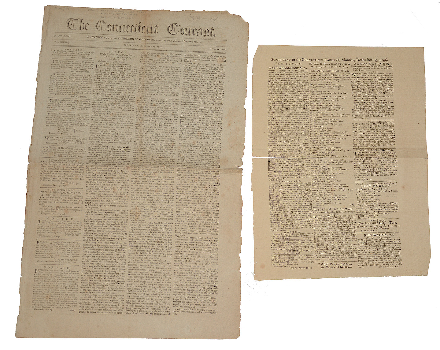 THE CONNECTICUT COURANT, DECEMBER 19, 1796 – GEORGE WASHINGTON’S FINAL ANNUAL MESSAGE TO CONGRESS