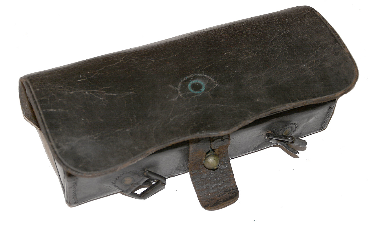 CIVIL WAR ERA CARBINE CARTRIDGE BOX — BLACK LEATHER, MARKED 