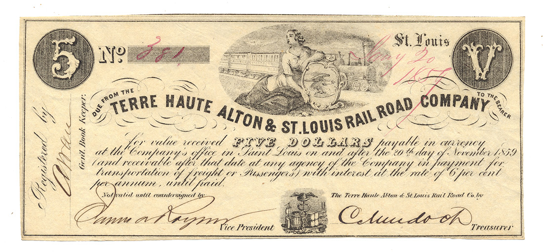 $5 TERRA HAUTE ALTON & ST. LOUIS RAILROAD COMPANY NOTE