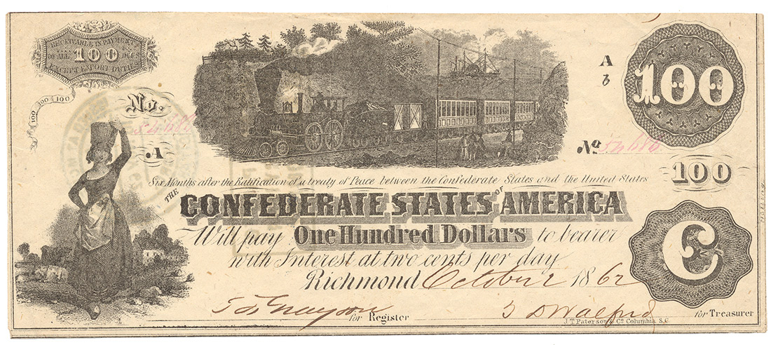 1862 $100 CONFEDERATE STATES BANK NOTE, T-40