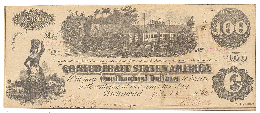 1862 $100 CONFEDERATE STATES BANK NOTE, T-39