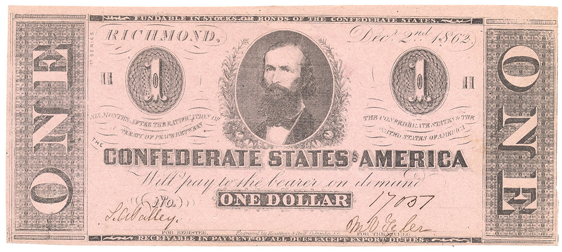 1862 CONFEDERATE STATES $1 NOTE, T-55