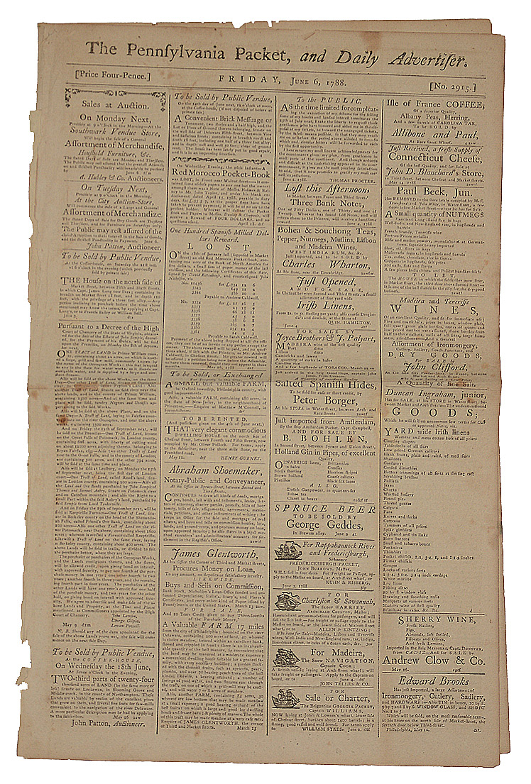 ORIGINAL PENNSYLVANIA PACKET & DAILY ADVERTISER – JUNE 6, 1788