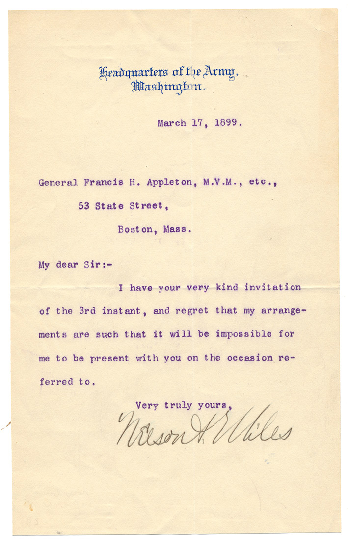 NELSON A. MILES (1839–1925 TYPED LETTER SIGNED AS COMMANDING GENERAL OF THE U.S. ARMY 