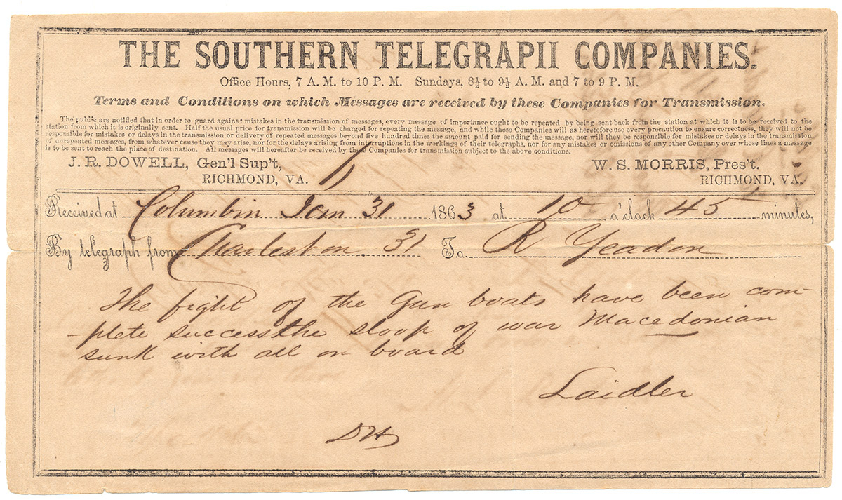 TELEGRAM REPORTING ON IRONCLAD “GUN BOAT FIGHT OFF CHARLESTON” JANUARY 31, 1863