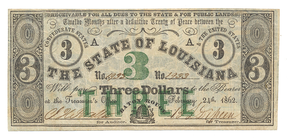 1862 STATE OF LOUISIANA $3 NOTE