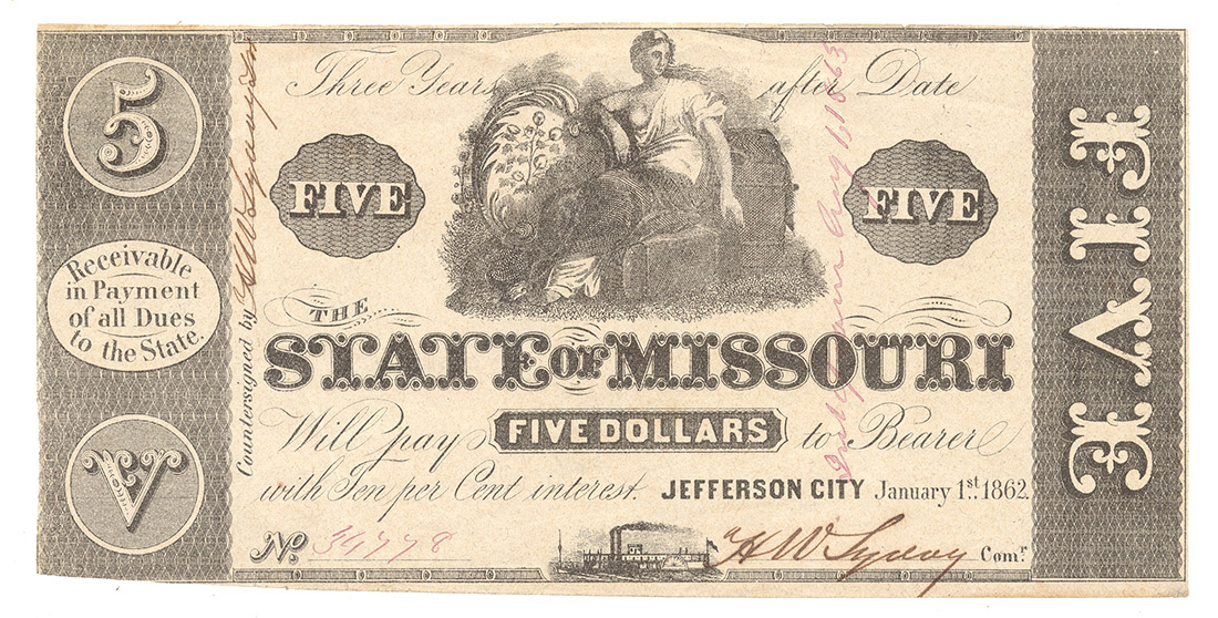 1862 STATE OF MISSOURI $5 NOTE
