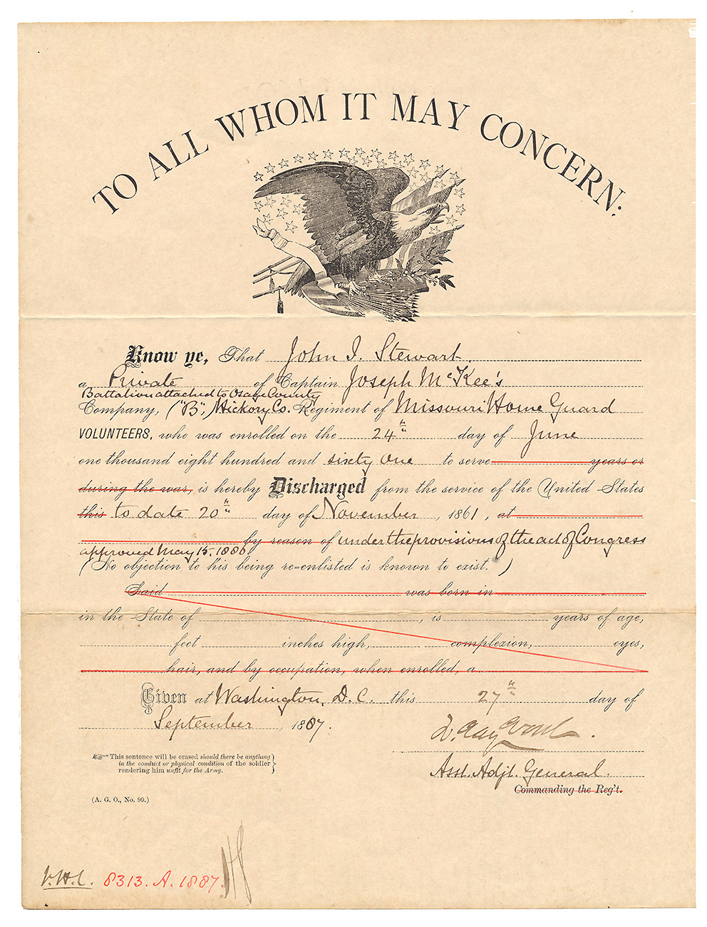 MISSOURI HOME GUARD SOLDIER'S DISCHARGE