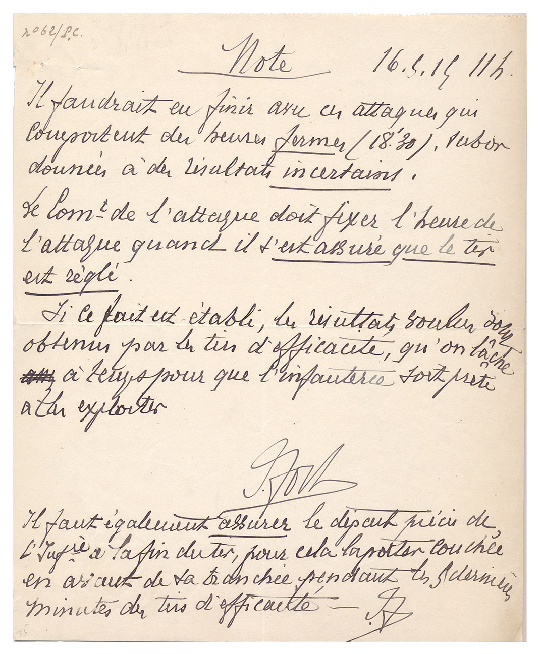 1915 AUTOGRAPH OF MARSHAL FERDINAND FOCH ON MILITARY ORDERS/INSTRUCTIONS REGARDING ATTACK FOLLOWING ARTILLERY BARRAGE