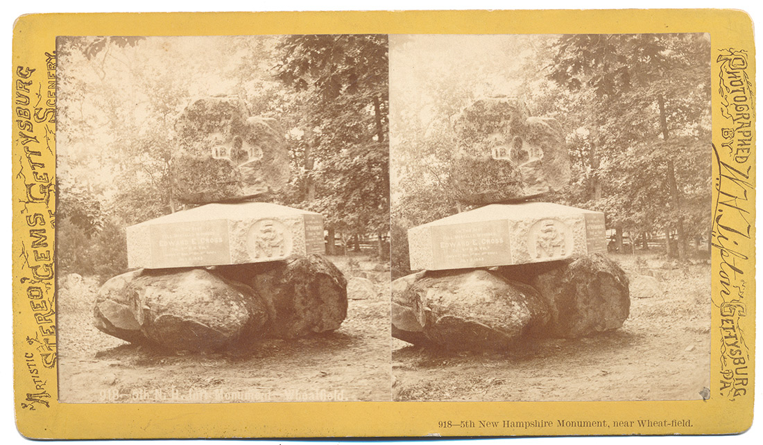 TIPTON GETTYSBURG STEREOVIEW CARD – 5th NEW HAMPSHIRE MONUMENT, HOUCK’S RIDGE/WHEATFIELD -  “ANDREW’S” SHARPSHOOTERS 
