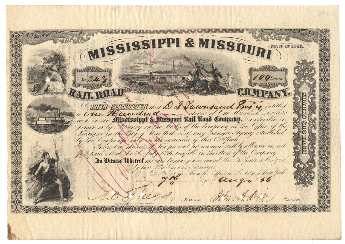 MISSISSIPPI & MISSOURI RAIL ROAD COMPANY  STOCK CERTIFICATE SIGNED BY JOHN A. DIX - IOWA'S FIRST RAILROAD