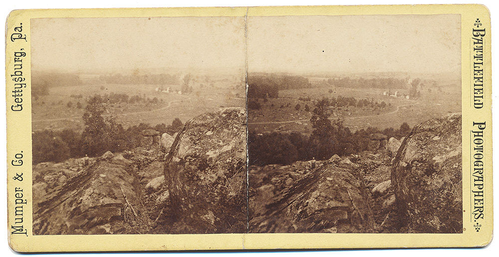 RARE MUMPER GETTYSBURG STEREOVIEW CARD – VIEW FROM LITTLE ROUND TOP TOWARD THE WHEATFIELD