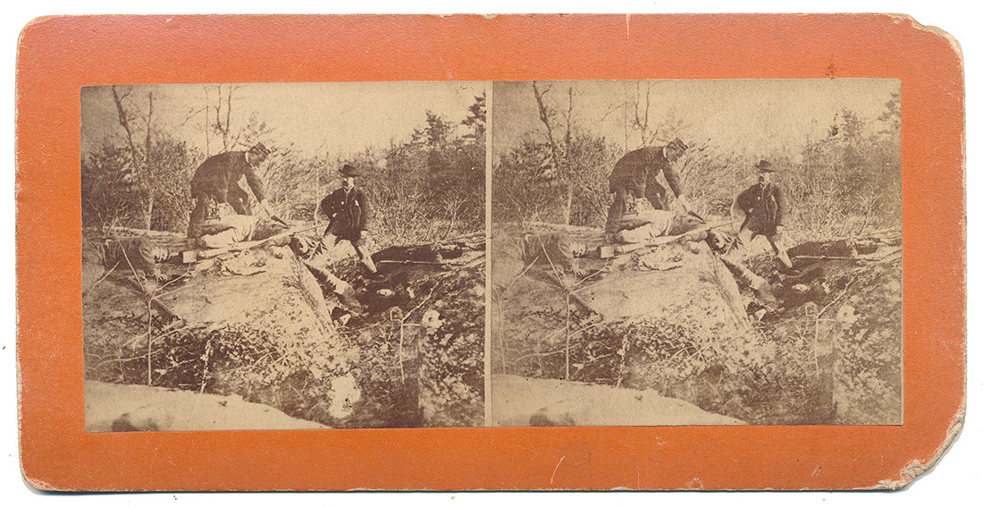 TIPTON GETTYSBURG STEREOVIEW – STAGED WEAVER PHOTO OF US DEAD AT DEVIL’S DEN 