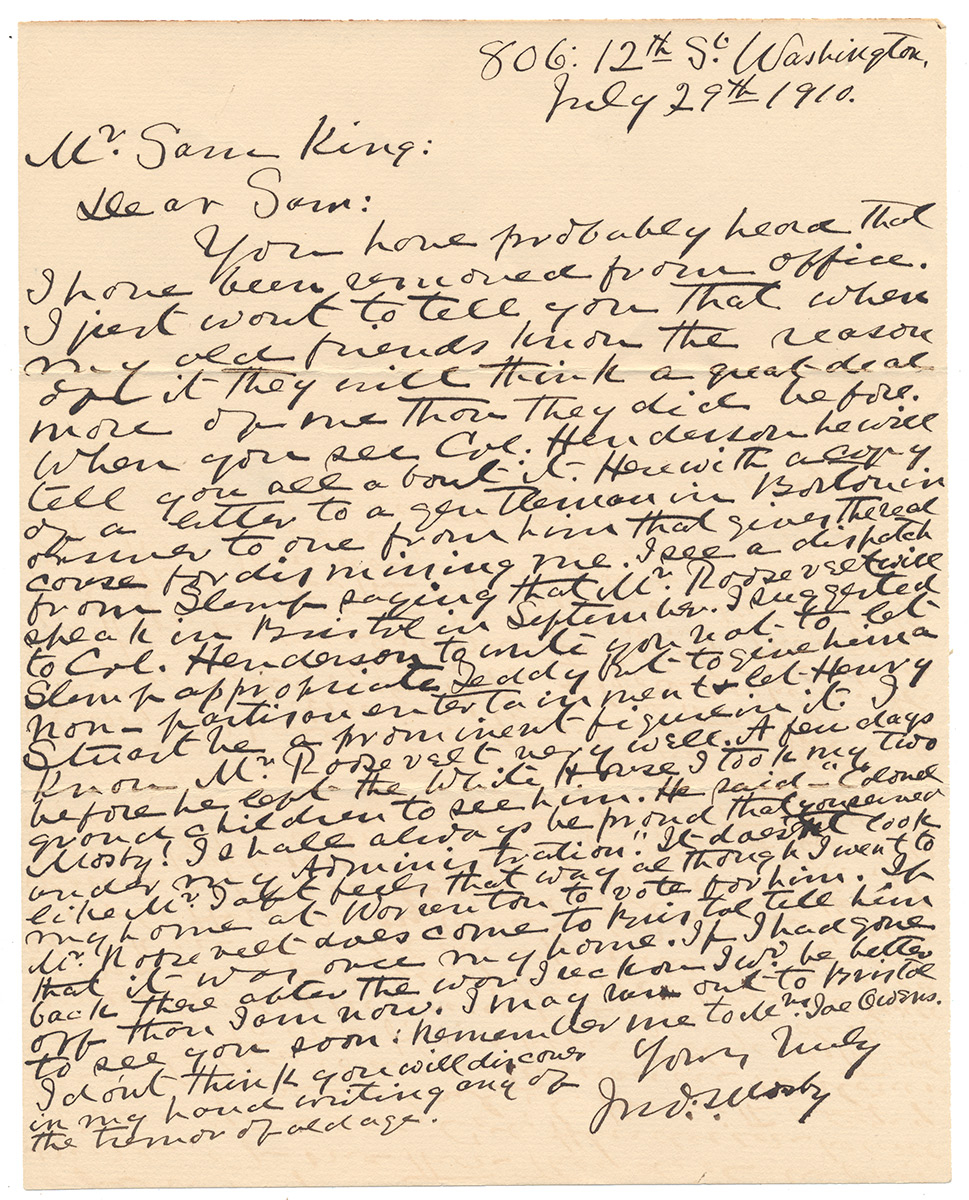 1910 JOHN S. MOSBY AUTOGRAPH LETTER RE: POLITICS, THEODORE ROOSEVELT