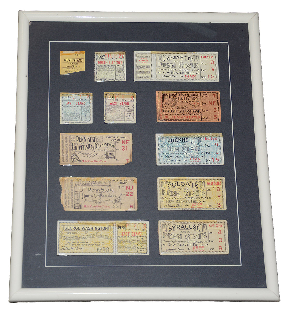 FRAMED ANTIQUE PENN STATE FOOTBALL TICKET STUBS – 1927 THROUGH 1930