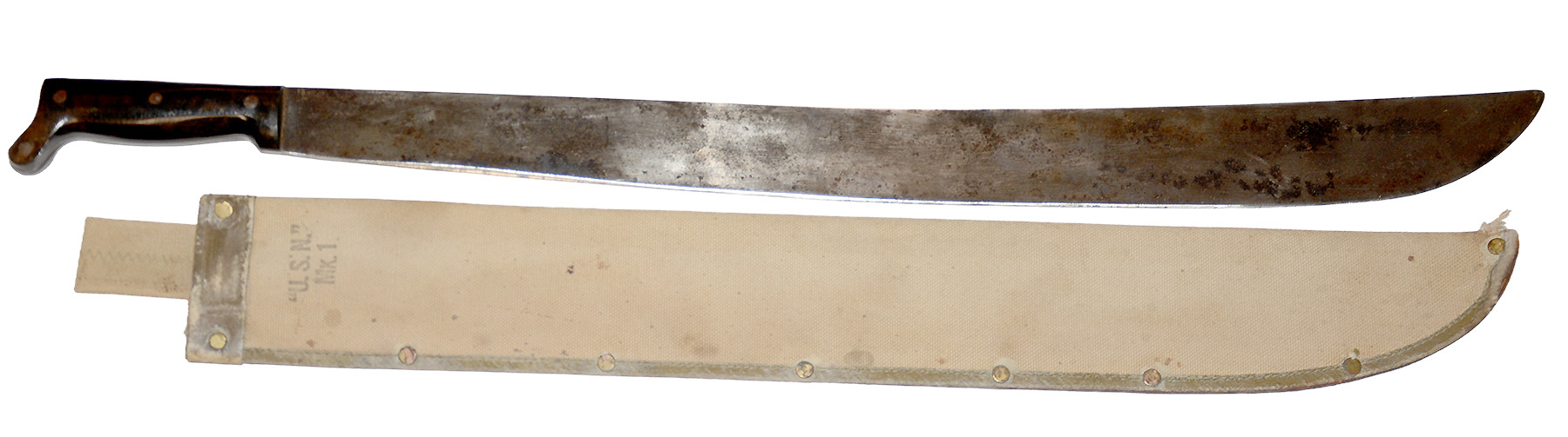 ORIGINAL WW2 U.S. NAVY MARK 1 MACHETE, DATED 1944, WITH SCABBARD