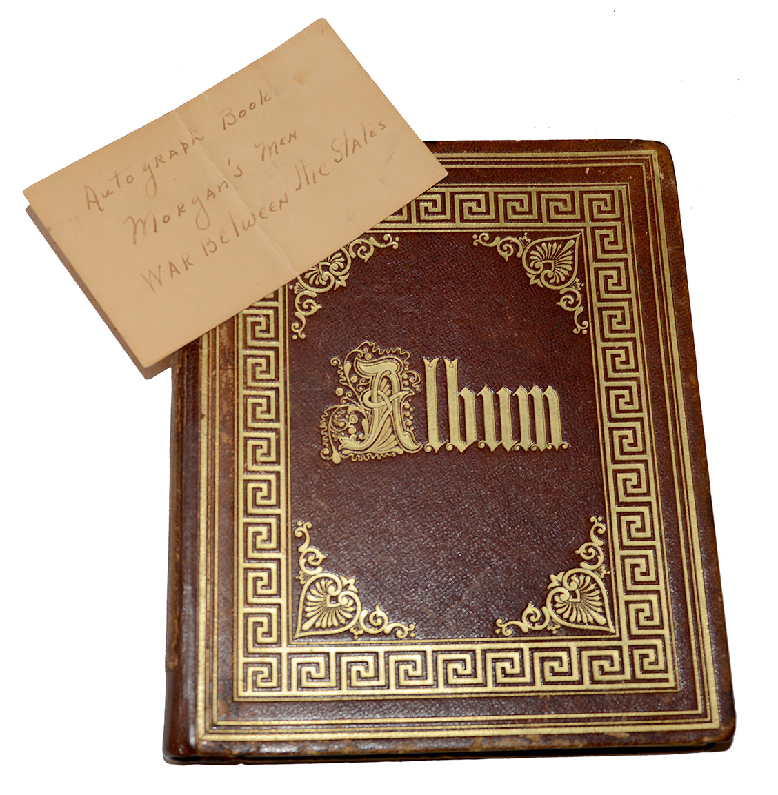 JOHN HUNT MORGAN AUTOGRAPH ALBUM, OHIO PENITENTIARY, 1863 — SIGNED BY GEN. JOHN HUNT MORGAN AND SEVENTY-ONE CAPTURED OFFICERS OF HIS COMMAND, INCLUDING ALL SEVEN MEN OF THE NOVEMBER 1863 ESCAPE PARTY