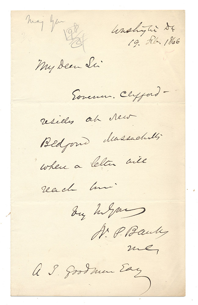 1866 AUTOGRAPH LETTER SIGNED, NATHANIEL P. BANKS (1816–1894) - Union Major General, Speaker of the House, and Governor of Massachusetts