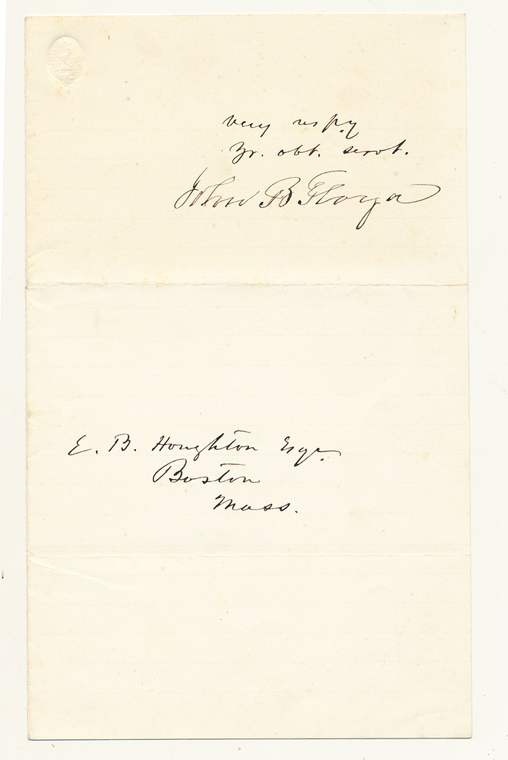 JOHN B. FLOYD (1806–1863) — UNDATED AUTOGRAPH/SIGNATURE ON THE CLOSING LEAF OF A LETTER 