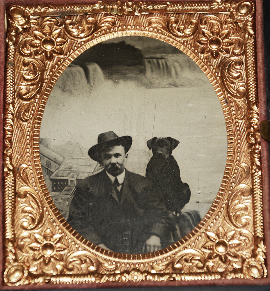 1/6th PLATE TINTYPE-GENTLEMEN WITH DOG - NIAGARA FALLS BACK-DROP