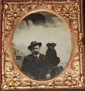 1/6th PLATE TINTYPE-GENTLEMEN WITH DOG - NIAGARA FALLS BACK-DROP