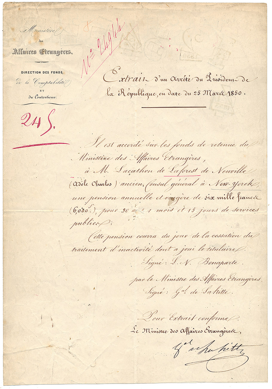 ORIGINAL FRENCH 1850 PENSION DECREE – CONSUL GENERAL IN NEW YORK, SIGNED BY GENERAL DE LA HITTE