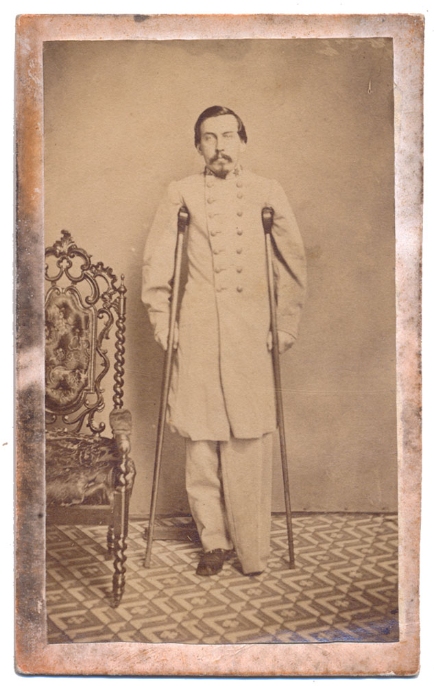 LATE- WAR FULL-STANDING VIEW OF LT. COL. WILBUR REID, TRIGG’S BATTALION PARTISAN RANGERS, MISSING HIS LEG  