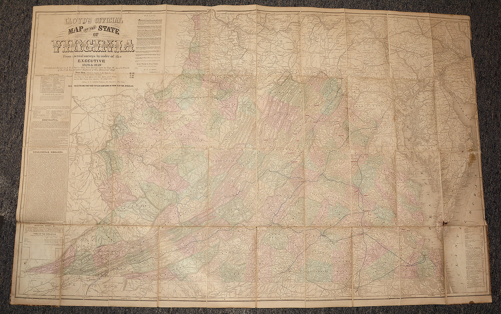 FOLDING MAP OF VIRGINIA – ID’D TO COLONEL JOHN TOWERS, 8th GEORGIA INFANTRY – WIA GETTYSBURG 