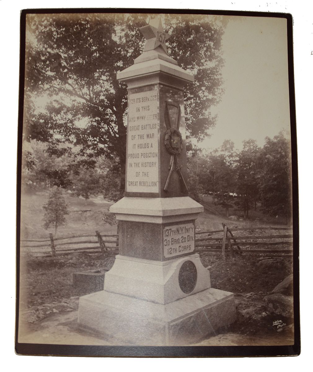 LARGE ALBUMEN PHOTO OF THE 137TH NEW YORK MONUMENT ON CULP’S HILL BY TIPTON