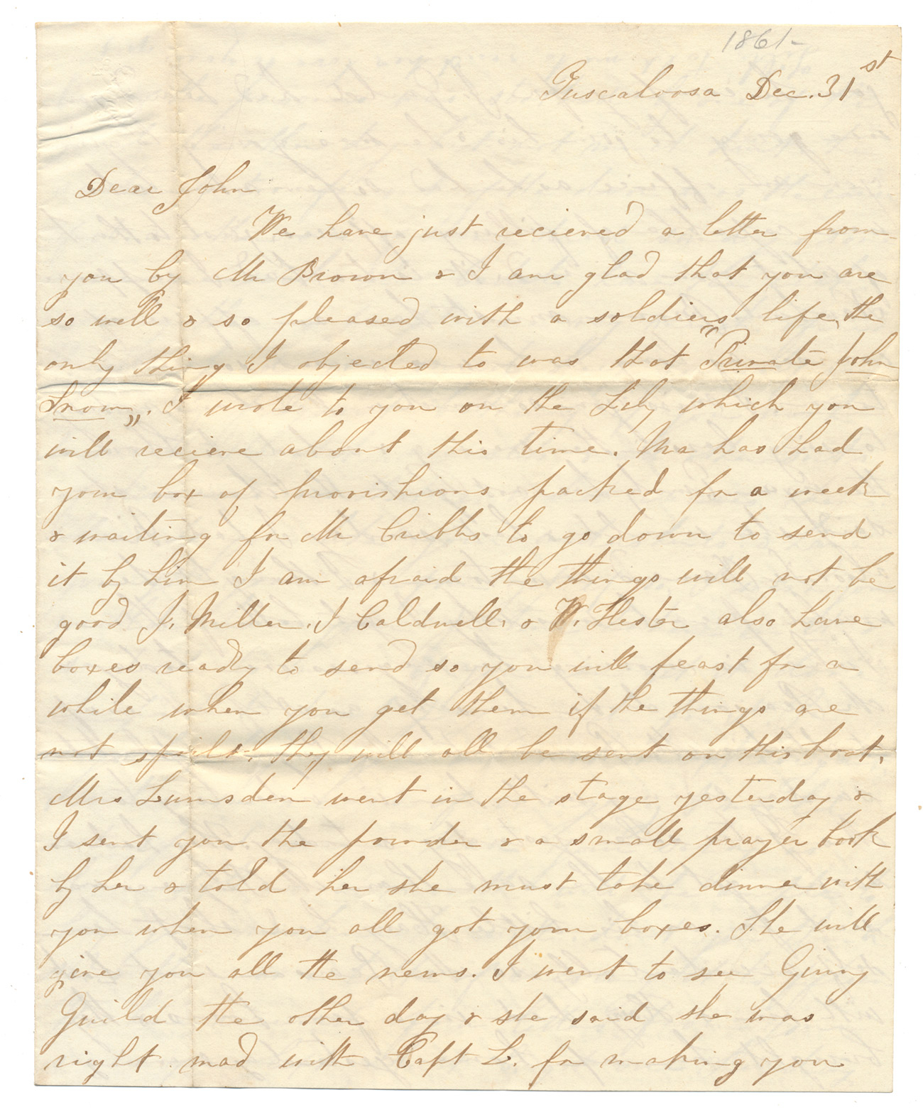 TUSCALOOSA, ALABAMA HOMEFRONT LETTER TO PVT. JOHN SNOW, LUMSDEN'S BATTERY, 2ND ALABAMA LIGHT ARTILLERY — DECEMBER 31, 1861