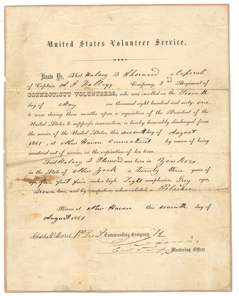 2ND CONNECTICUT VOLUNTEERS DISCHARGE DOCUMENT — CORPORAL HALSEY B. SHERWOOD