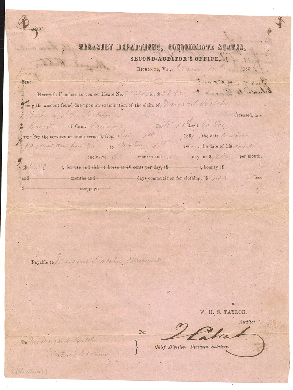 CONFEDERATE TREASURY DEPT SETTLEMENT OF A DECEASED SOLDIER’S CLAIM – PVT. JOHN HATCHER, CO. K, 50TH VIRGINIA INFANTRY – PAID TO HIS MOTHER