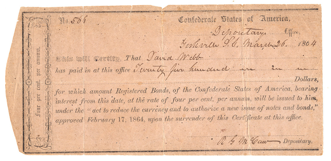 CONFEDERATE FOUR PER CENT. BOND CERTIFICATE — DEPOSITARY OFFICE, YORKVILLE, S.C., MARCH 26, 1864 — $2,500