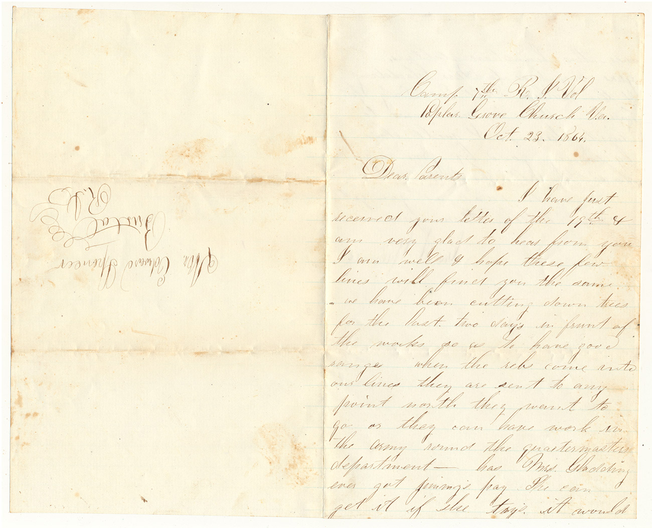 CIVIL WAR SOLDIER'S LETTER — 7TH RHODE ISLAND VOLUNTEERS — POPLAR GROVE CHURCH, VIRGINIA — OCTOBER 23, 1864