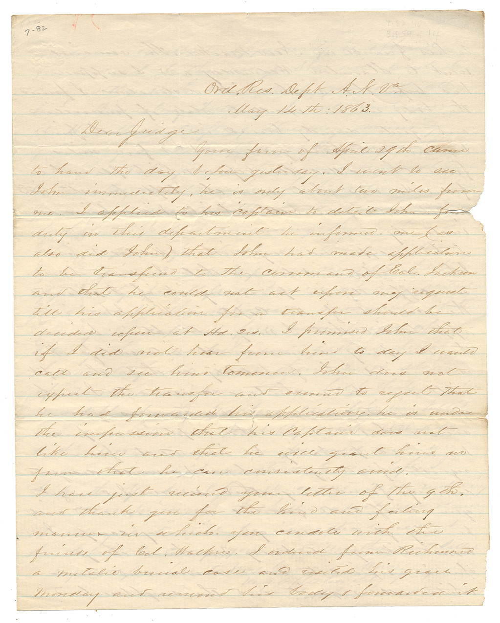 CHANCELLORSVILLE: LETTER FROM THE ORDNANCE RESERVE, ARMY OF NORTHERN VIRGINIA, TO JUDGE GIDEON D. CAMDEN, DESCRIBING THE DEATH, EXHUMATION AND RETURN HOME OF LT. COL. SAMUEL T. WALKER, 10TH VIRGINIA INFANTRY