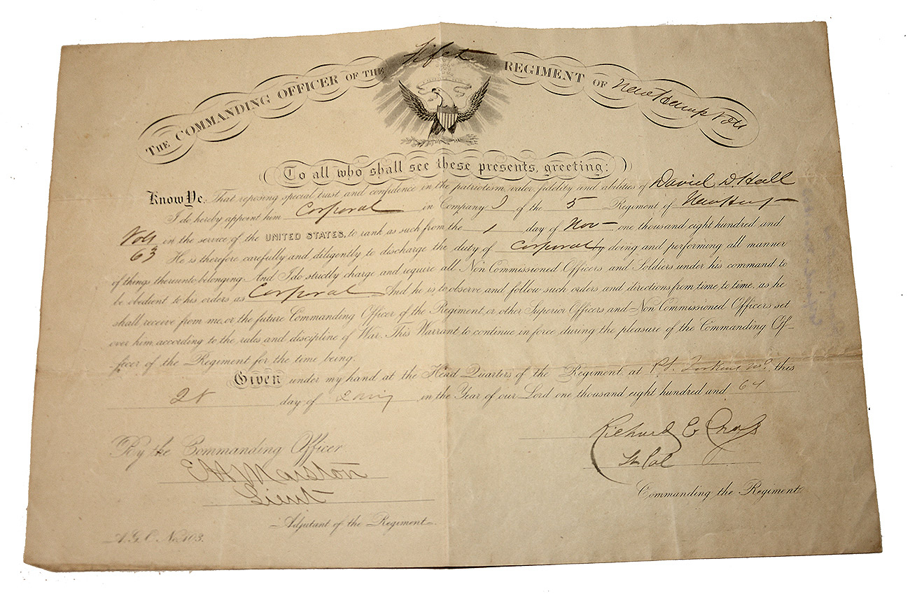 5TH NEW HAMPSHIRE VOLUNTEERS NON-COMMISSIONED OFFICER'S WARRANT — CORPORAL DAVID D. HALL, COMPANY I — SIGNED BY LT. COL. RICHARD E. CROSS AND ADJUTANT E. H. MARSTON, POINT LOOKOUT, MD., 1863
