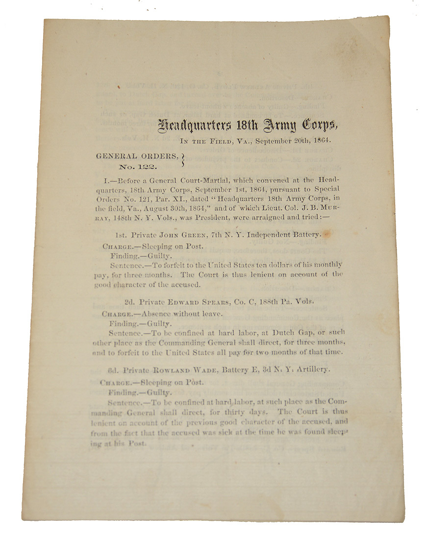 PRINTED GENERAL ORDERS OF THE 18TH ARMY CORPS — A COURT-MARTIAL DOCKET IN THE PETERSBURG TRENCHES, WITH A DEATH SENTENCE SET ASIDE