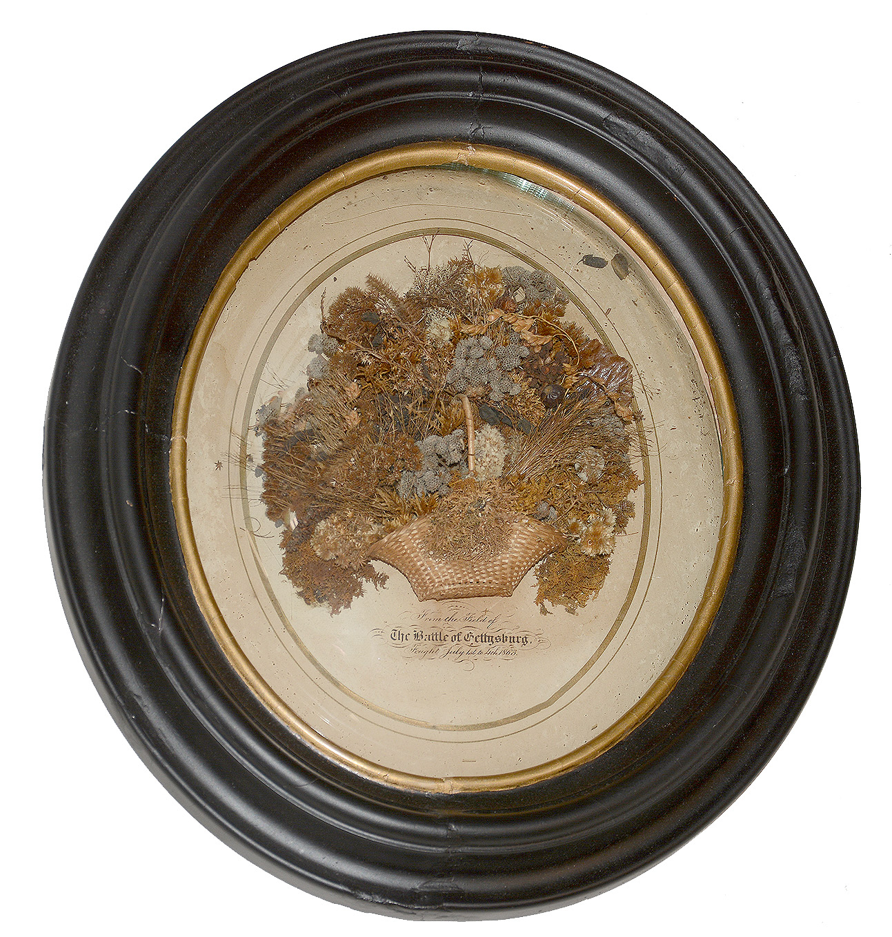 VICTORIAN GETTYSBURG BATTLEFIELD GATHERED DRIED FLOWERS IN ORIGINAL BUBBLE GLASS FRAME 
