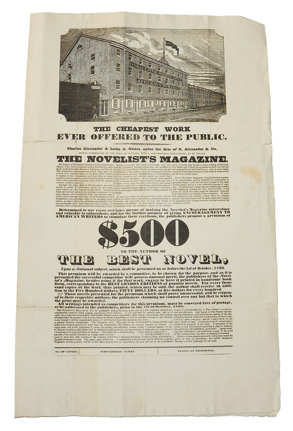 1833 PHILADELPHIA PROSPECTUS BROADSIDE FOR ALEXANDER & GODEY’S “THE NOVELIST MAGAZINE”, OFFERING $500 FOR THE BEST AMERICA NOVEL